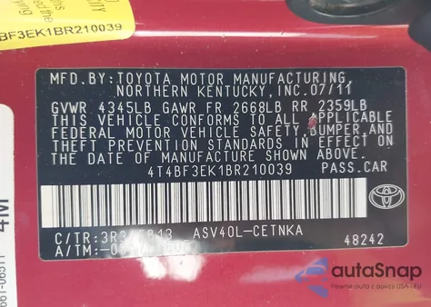 2011 Toyota Camry Le z USA, uszkodzony, nr VIN 4T4BF3EK1BR210039